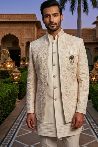 Ivoery thread and zari embroidered short indowestern