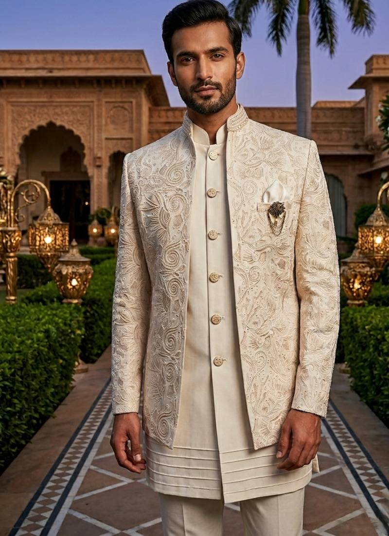 Ivoery thread and zari embroidered short indowestern