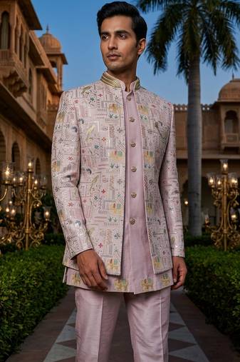 Pink thread and sequins embroidered short indowestern