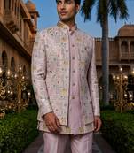 pink thread embroidered silk mens indowestern jacket set