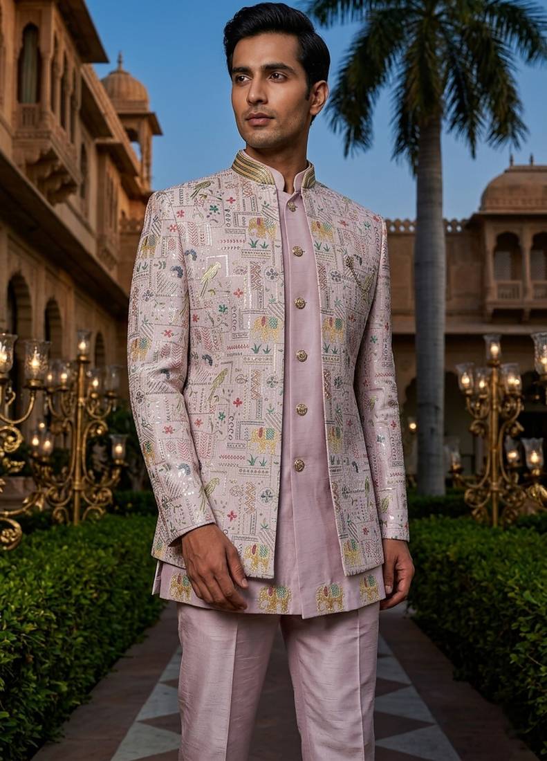 Pink thread and sequins embroidered short indowestern