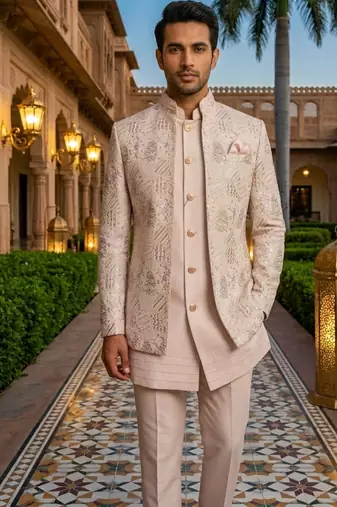 Pink thread and sequins embroidered short indowestern