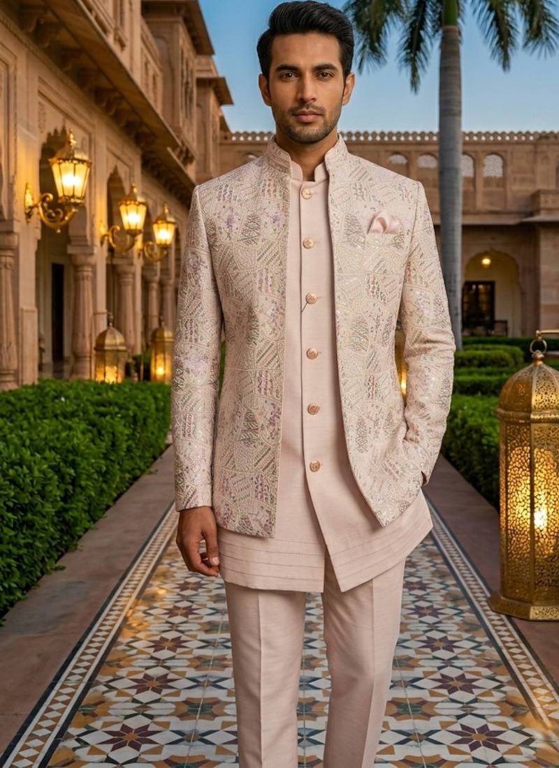 Pink thread and sequins embroidered short indowestern