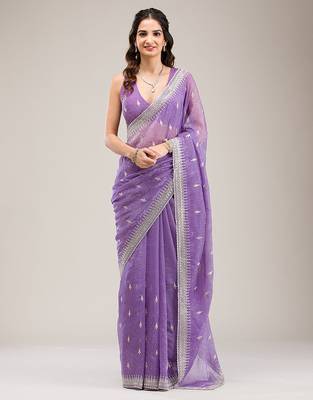 Purple  Art Silk Embroidery With Siroski Work Saree with Unstitched Blouse Piece 1