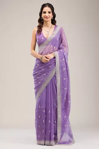 Purple  Art Silk Embroidery With Siroski Work Saree with Unstitched Blouse Piece