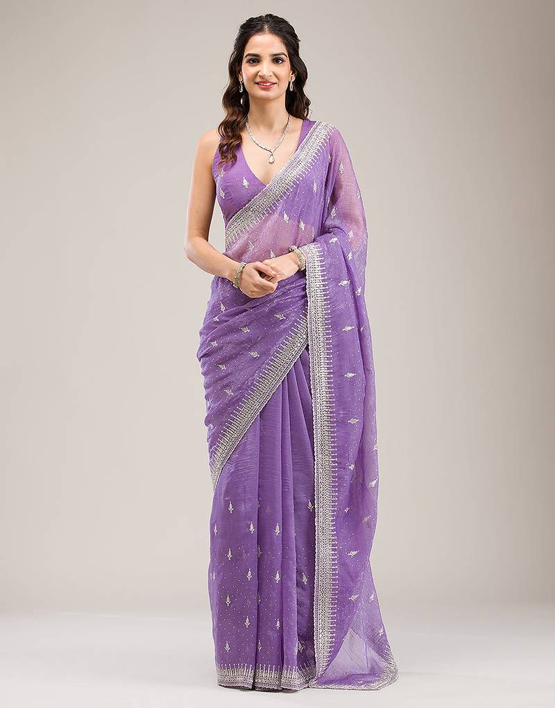 Purple  Art Silk Embroidery With Siroski Work Saree with Unstitched Blouse Piece