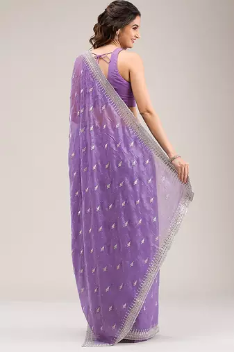 Purple  Art Silk Embroidery With Siroski Work Saree with Unstitched Blouse Piece