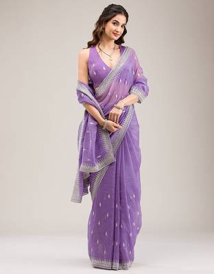 Purple  Art Silk Embroidery With Siroski Work Saree with Unstitched Blouse Piece 3