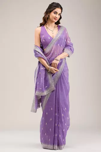 Purple  Art Silk Embroidery With Siroski Work Saree with Unstitched Blouse Piece