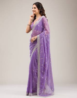 Purple  Art Silk Embroidery With Siroski Work Saree with Unstitched Blouse Piece 4