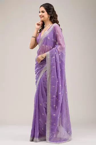 Purple  Art Silk Embroidery With Siroski Work Saree with Unstitched Blouse Piece