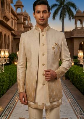 ombre yellow sequins embroidered silk mens indowestern jacket set 1