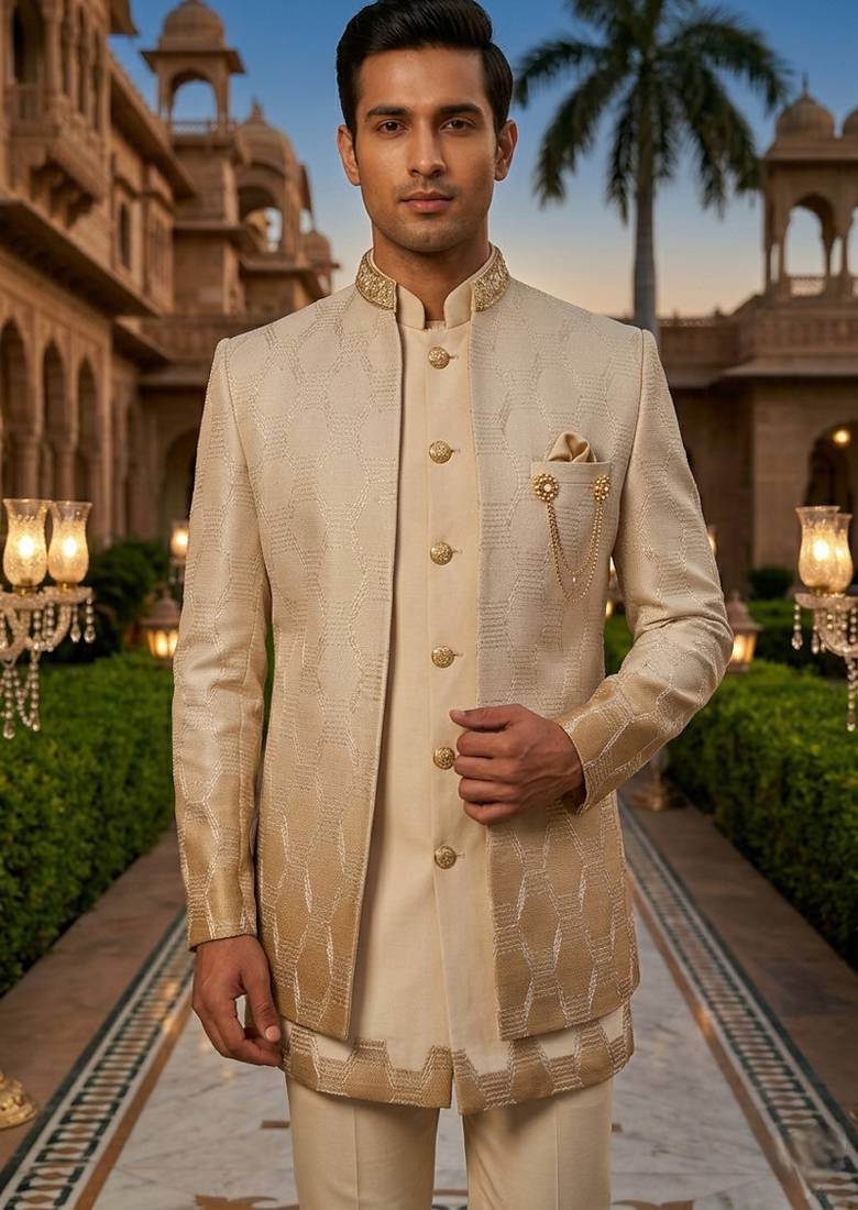 Ombre yellow thread and sequins embroidered indowestern