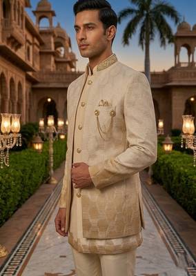 ombre yellow sequins embroidered silk mens indowestern jacket set 2