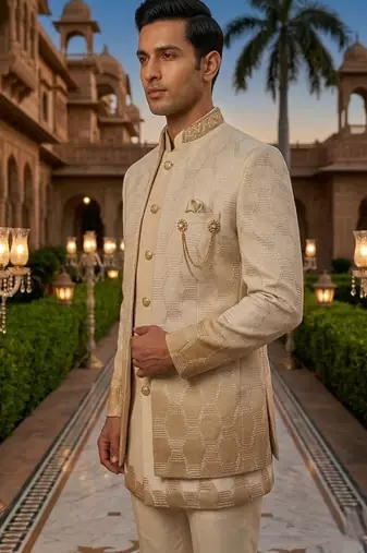 ombre yellow sequins embroidered silk mens indowestern jacket set