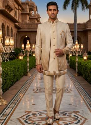 ombre yellow sequins embroidered silk mens indowestern jacket set 3