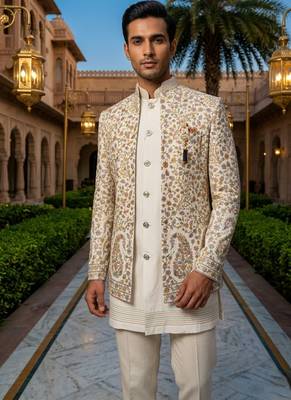ivory sequins embroidered silk mens indowestern jacket set 1