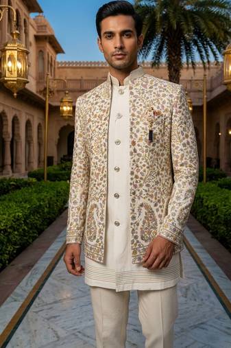 Ivory thread and sequins embroidered short indowestern