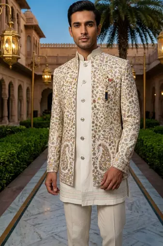 Ivory thread and sequins embroidered short indowestern