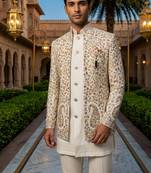Ivory thread and sequins embroidered short indowestern