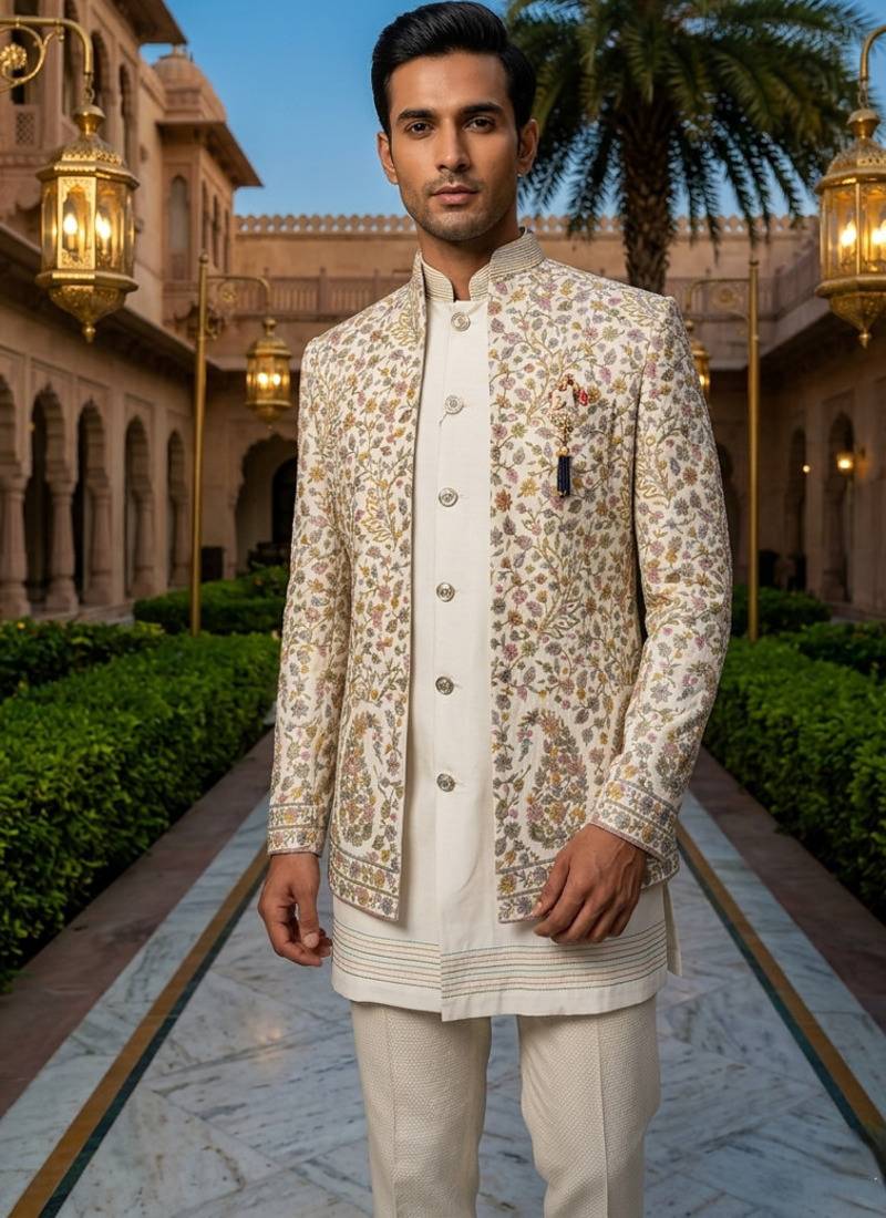 Ivory thread and sequins embroidered short indowestern