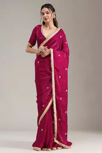 Pink Fandy Satin Embroidery Work Saree with Unstitched Blouse Piece