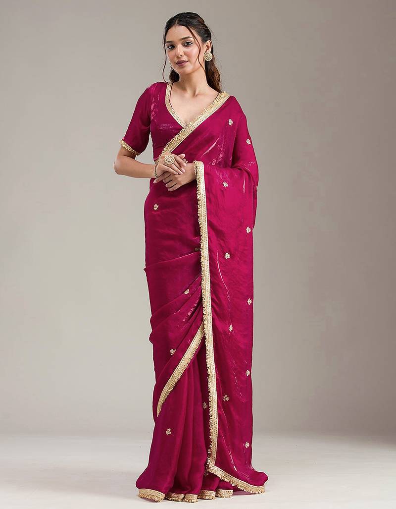 Pink Fandy Satin Embroidery Work Saree with Unstitched Blouse Piece