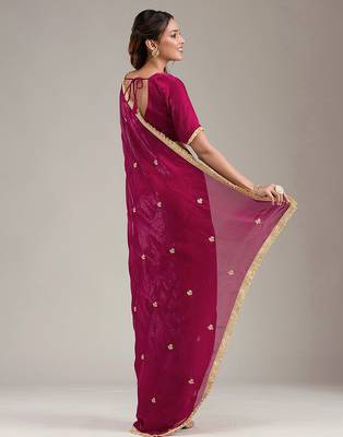 Pink Fandy Satin Embroidery Work Saree with Unstitched Blouse Piece 2