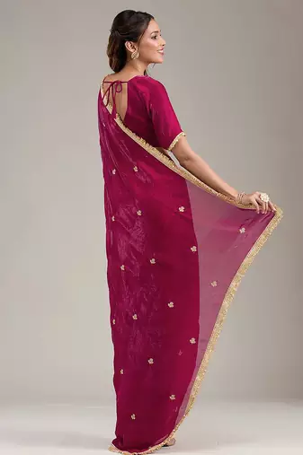 Pink Fandy Satin Embroidery Work Saree with Unstitched Blouse Piece