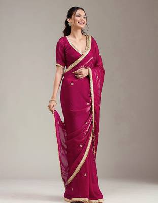 Pink Fandy Satin Embroidery Work Saree with Unstitched Blouse Piece 3