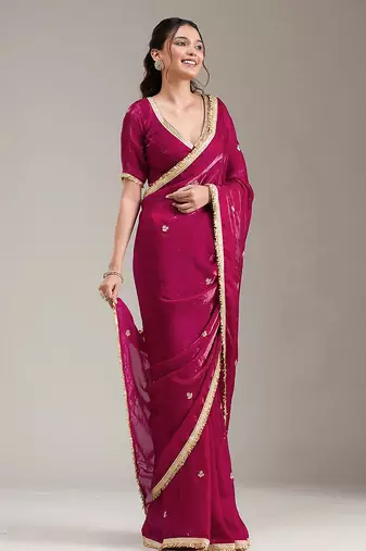 Pink Fandy Satin Embroidery Work Saree with Unstitched Blouse Piece