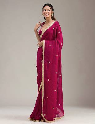 Pink Fandy Satin Embroidery Work Saree with Unstitched Blouse Piece 4