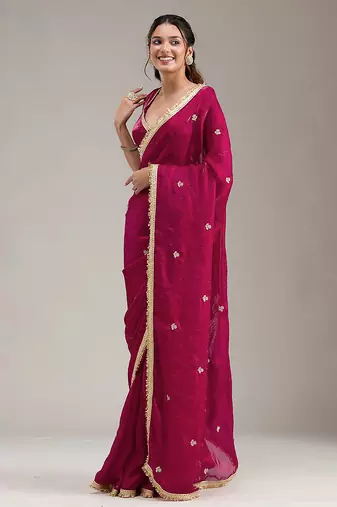 Pink Fandy Satin Embroidery Work Saree with Unstitched Blouse Piece