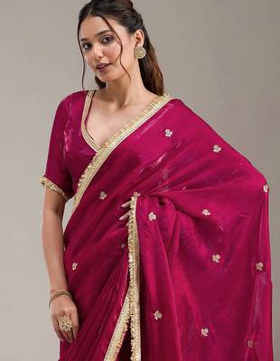 Pink Fandy Satin Embroidery Work Saree with Unstitched Blouse Piece 5