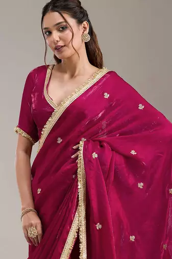 Pink Fandy Satin Embroidery Work Saree with Unstitched Blouse Piece