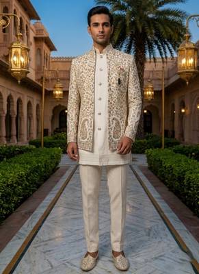 ivory sequins embroidered silk mens indowestern jacket set 2
