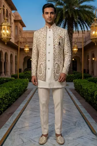 ivory sequins embroidered silk mens indowestern jacket set