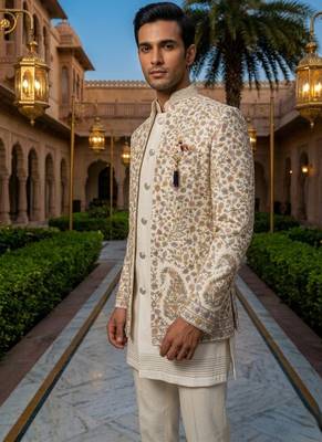 ivory sequins embroidered silk mens indowestern jacket set 3