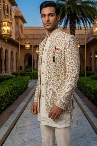 ivory sequins embroidered silk mens indowestern jacket set