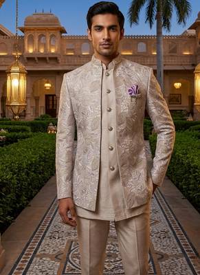 light lavender sequins embroidered silk mens indowestern jacket set 1