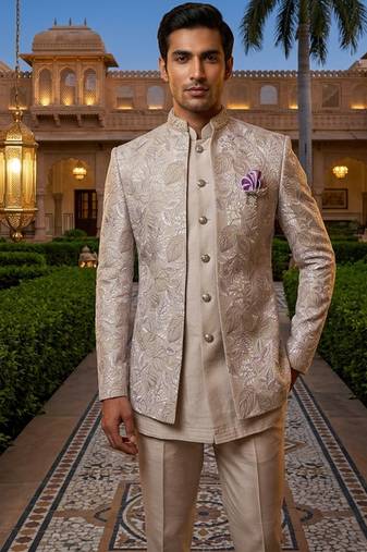 light lavender sequins embroidered silk mens indowestern jacket set