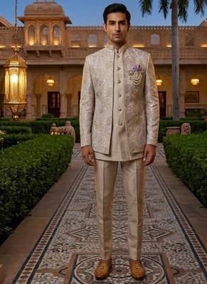 light lavender sequins embroidered silk mens indowestern jacket set 2