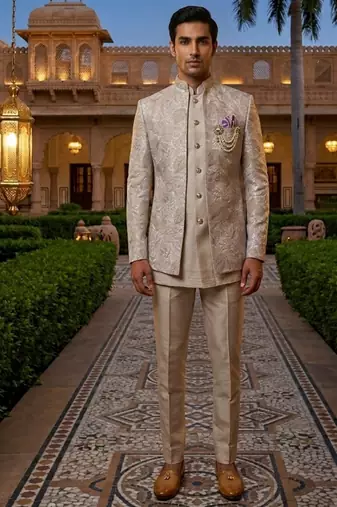 light lavender sequins embroidered silk mens indowestern jacket set