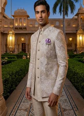 light lavender sequins embroidered silk mens indowestern jacket set 3