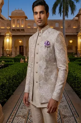 light lavender sequins embroidered silk mens indowestern jacket set