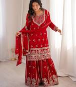 Women   s red embroidered kurta sharara set with dupatta