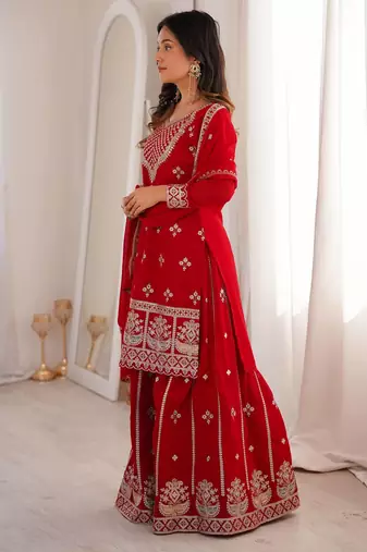 Women   s red embroidered kurta sharara set with dupatta