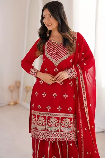 Women   s red embroidered kurta sharara set with dupatta