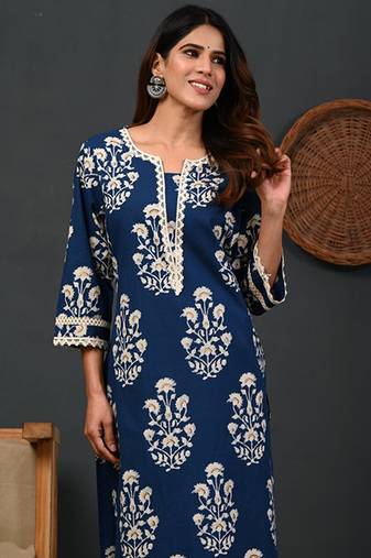Floral printed notch-neck straight kurta