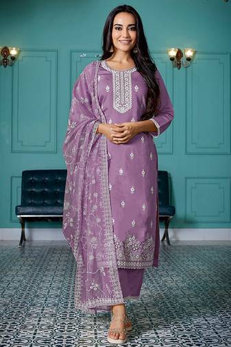 Ethnic motifs embroidered thread work kurta with trouser & dupatta
